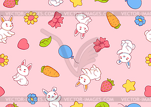 Seamless pattern with cute kawaii little bunnies. - vector clipart