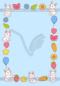 Frame with cute kawaii little bunnies. Funny - vector image