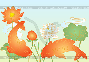 Oriental fish and lotus . Chinese and japanese - vector image