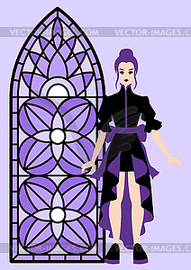 Greeting card in gothic style. Girl in dark dress. - vector clipart