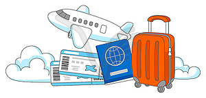 Travel aircraft . Airplane, suitcase, tickets and - vector clipart