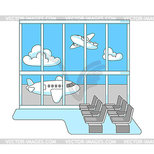 Airport window with airplanes. Travel and tourism - vector image