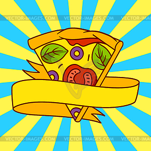 Эмблема вкусного ломтика итальянской пиццы. Вкусно и быстро - векторный клипарт