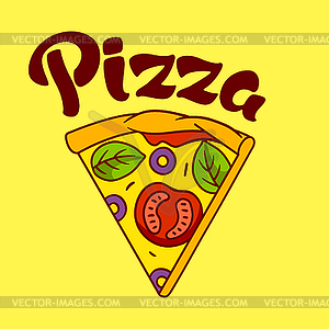 Tasty Italian pizza slice emblem. Delicious fast - vector image