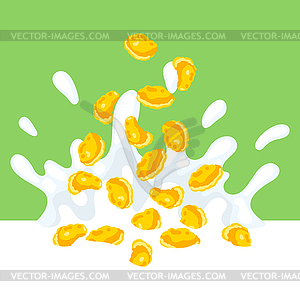 Breakfast cereal falls into milk. healthy food - vector clip art