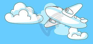 Banner with airplane and clouds. Travel and - vector image