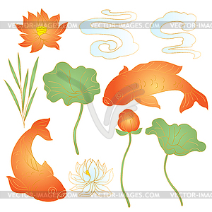 Oriental fish and lotus set. Chinese and japanese - vector image