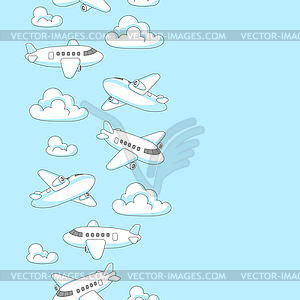 Pattern with airplanes and clouds. Travel and - vector clipart