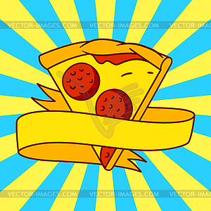 Tasty Italian pizza slice emblem. Delicious fast - vector clipart