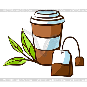 Paper cup and bag with black tea. traditional drink - vector image