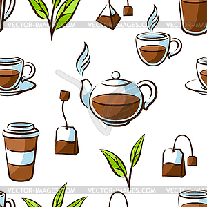Pattern with black tea items. Background with tea - vector clip art