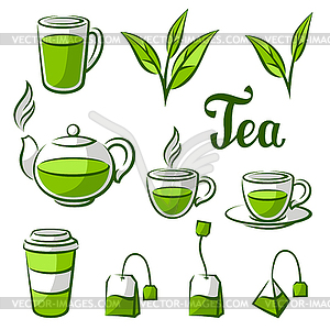 Green tea items set. with tea and accessories, pack - vector clip art