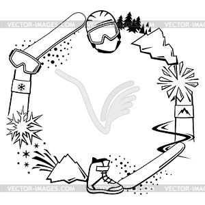 Frame with snowboarding items. Winter sport  - vector image