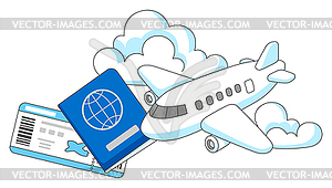 Travel aircraft . Airplane, ticket and passport - vector clip art