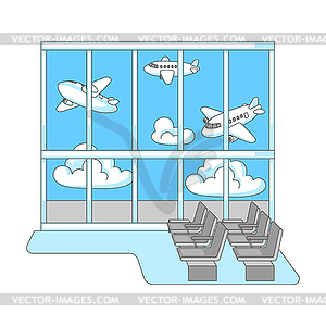 Airport window with airplanes. Travel and tourism - vector image