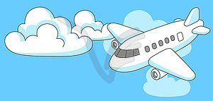 Banner with airplane and clouds. Travel and - vector image