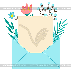 Letter in envelope with flowers. Romantic template - vector image