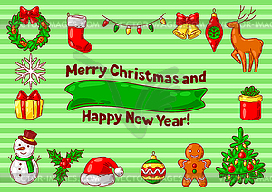 Merry Christmas greeting card. Holiday in cartoon - vector image