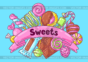 Background with candies and sweets. Design for - vector image