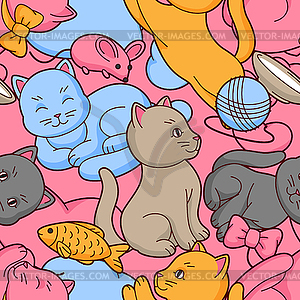 Pattern with cute kawaii cats. Fun animal background - vector clip art