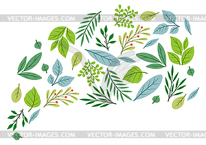 Background of sprigs with green leaves. Decorative - vector clip art