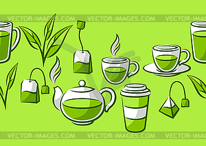 Pattern with green tea items. Background with tea - vector clip art