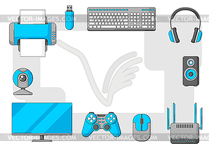 Frame with computer equipment. Gaming technology an - vector clipart