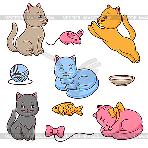 Set of cute kawaii cats. Fun animal collection - vector clipart