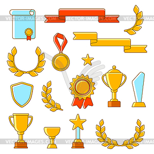 Набор значков наград и трофеев. Наградные предметы для занятий спортом - векторный клипарт