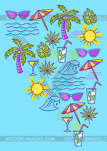 Background with summer items. Stylized beach objects - vector clipart