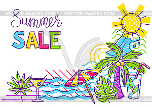 Background with summer items. Stylized beach objects - vector image