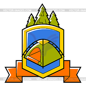 Travel camping badge. Tourist equipment for surviva - vector image