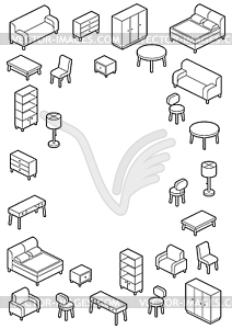 Home furniture isometry background. Domestic and - white & black vector clipart