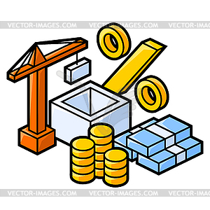 Crane and money. Real estate in isometry style - vector clipart