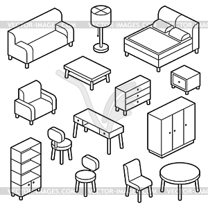 Набор иконок домашней мебели в изометрии. Предметы домашнего обихода и - векторный клипарт