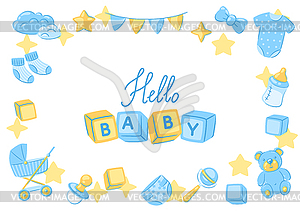 Baby shower frame. New born baby boy Happy Birthday - vector clip art