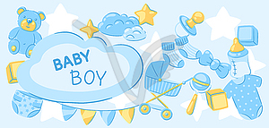 Baby shower greeting card. New born baby boy Happy - vector image