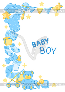 Baby shower greeting card. New born baby boy Happy - vector clipart