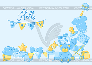 Baby shower greeting card. New born baby boy Happy - vector image