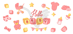 Baby shower frame. New born baby boy Happy Birthday - vector image