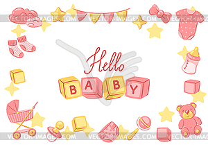 Baby shower frame. New born baby girl Happy Birthday - royalty-free vector image