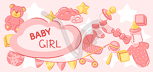 Baby shower frame. New born baby girl Happy Birthday - vector clip art