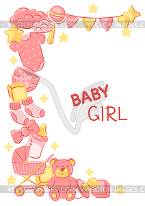 Baby shower frame. New born baby girl Happy Birthday - vector clipart