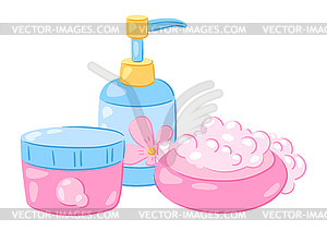 With hygiene objects. Washing, beauty, body care. - vector image