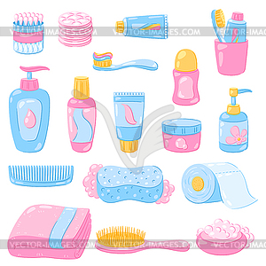 Set of hygiene objects. Washing, beauty, body - vector clip art