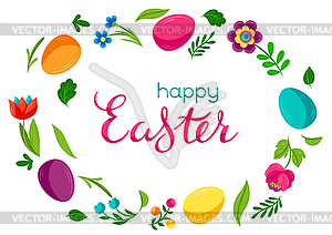 Happy Easter greeting card. Cute eggs and flowers - vector clipart