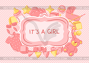 Baby shower frame. New born baby girl Happy Birthday - vector clipart