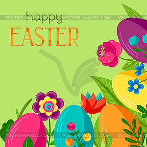 Happy Easter greeting card. Cute eggs and flowers - vector image