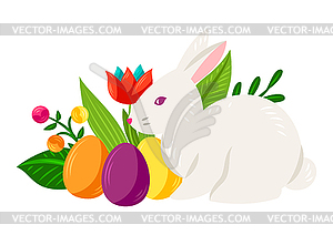 Happy Easter greeting card. Cute bunny, eggs and - vector image