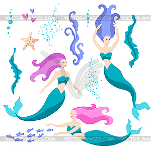 Set of mermaids and sea creations. underwater - vector image